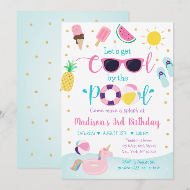 Pool Party Pink Gold Girl Birthday Invitation (Front/Back)