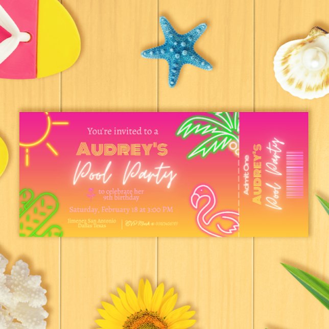 Pool Party Pink Neon Ticket Invitation (Creator Uploaded)