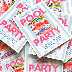 Pool Party Preppy Summer Birthday Trendy Fish Invitation