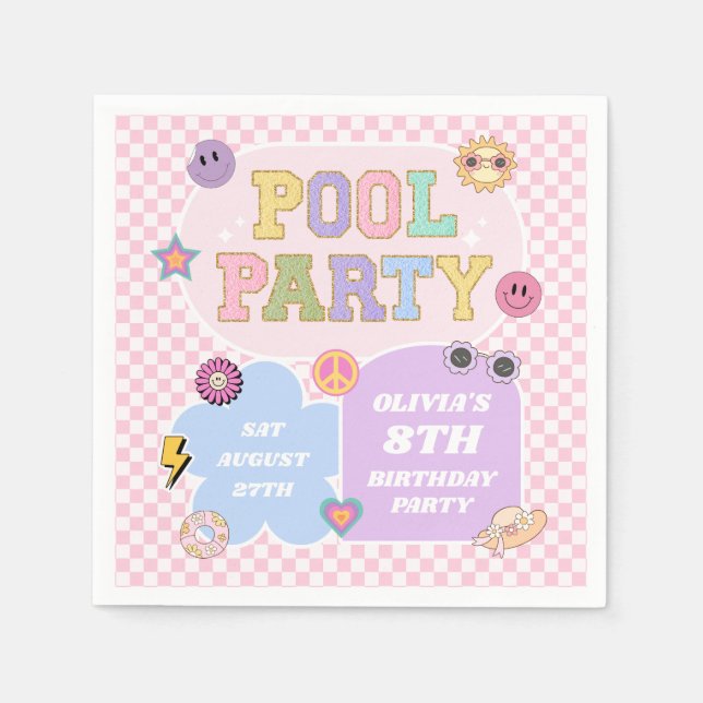 Pool Party Preppy Varsity Patch Birthday Party Napkin (Front)