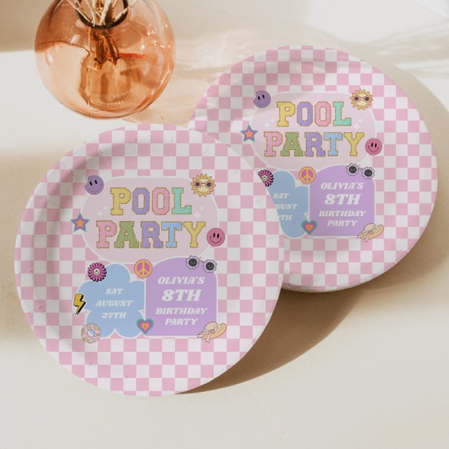 Pool Party Preppy Varsity Patch Birthday Party Paper Plate (Creator Uploaded)