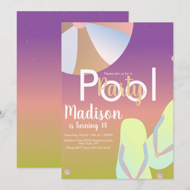Pool Party Rainbow Ombre Birthday Invitation (Front/Back)