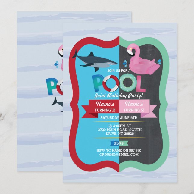 Pool Party Shark Flamingo Joint Boy girl Birthday Invitation (Front/Back)