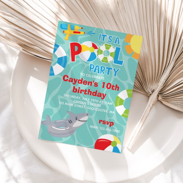 Pool Party shark pool float Summer boy Birthday Invitation (Creator Uploaded)