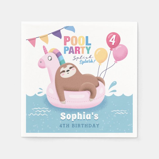 Pool Party Sloth with Balloons Summer Birthday Nap Napkin (Front)