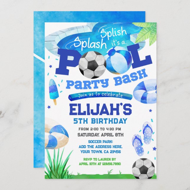 Pool Party Soccer Birthday Invitation (Front/Back)