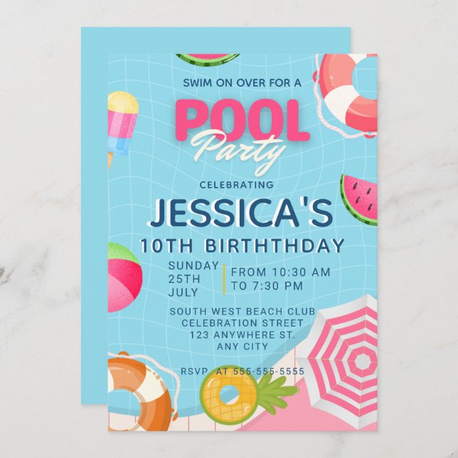 Pool Party Splish Splash Pool Birthday Invitation (Front/Back)