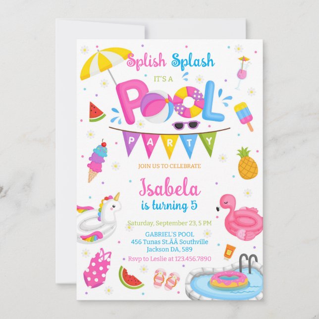 Pool Party Splish Splash Summer Beach Birthday  Invitation (Front)