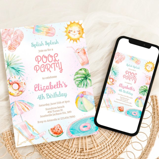 Pool Party Splish Splash Summer Beach Birthday Invitation (Creator Uploaded)