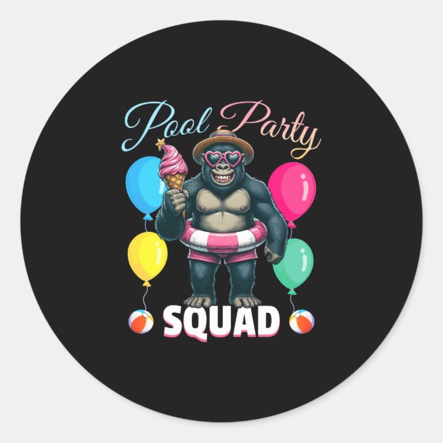 Pool party squad funny gorilla summer vacation classic round sticker (Front)