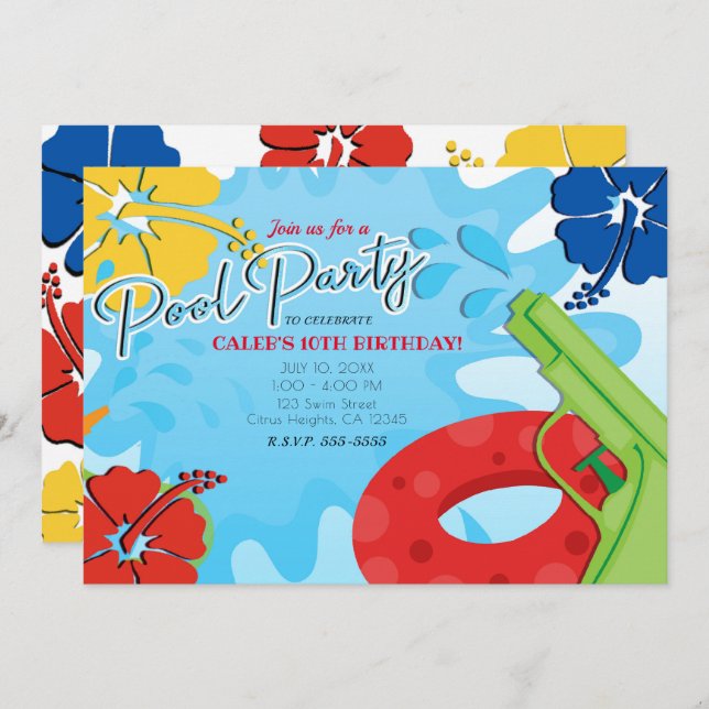 Pool Party Squirt Gun Water Fun Summer Hibiscus Invitation (Front/Back)