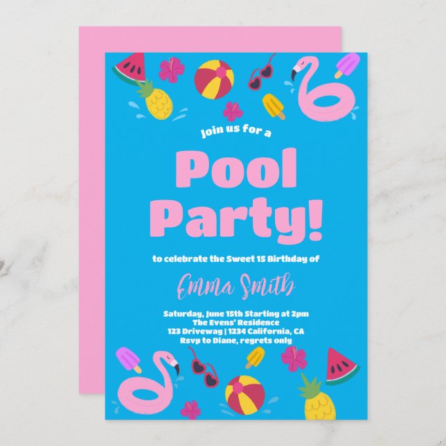 Pool Party Summer Birthday Invitation (Front/Back)