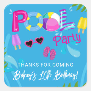 Pool Party Summer Girl Birthday Party Favor Square Sticker
