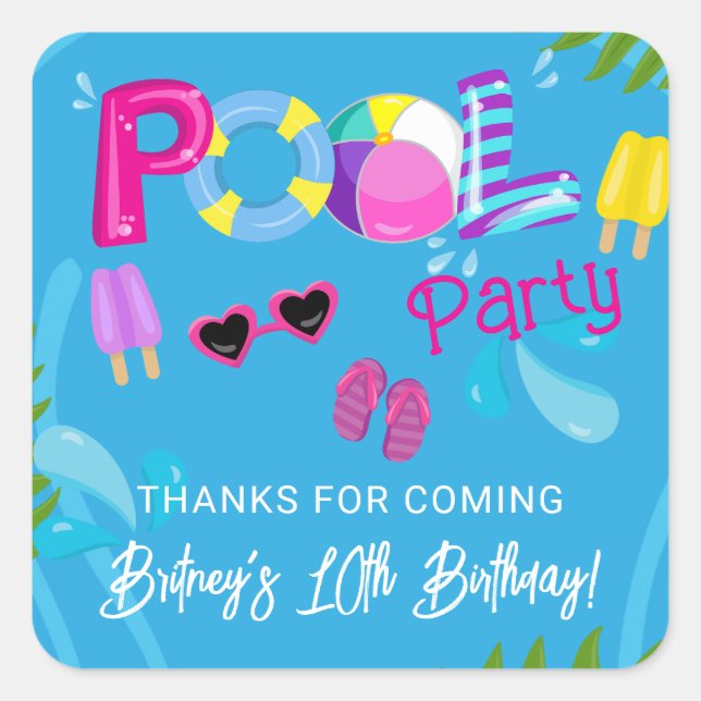 Pool Party Summer Girl Birthday Party Favour Square Sticker (Front)
