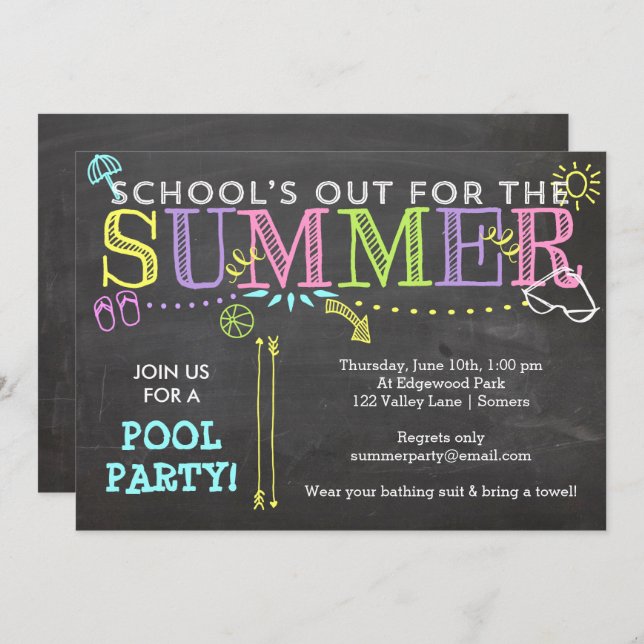 Pool Party Summer Invitation-School's Out Neon Invitation (Front/Back)