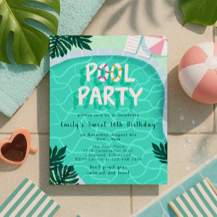 Pool Party Summer Modern Sweet Sixteen Birthday Invitation