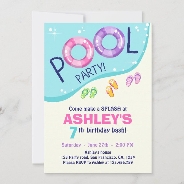Pool Party Summer Pink Girl Birthday Invitation (Front)