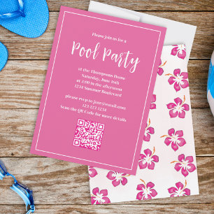 Pool Party Summer Pink Tropical Floral Beach  Invitation