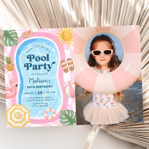 Pool Party Summer Themed Girl Birthday Photo Invitation