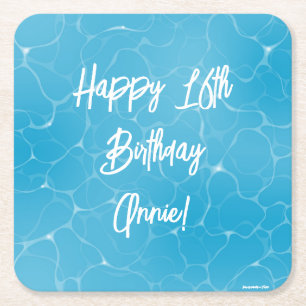 Pool Party Sweet 16 Water Blue Minimalist Bday Square Paper Coaster