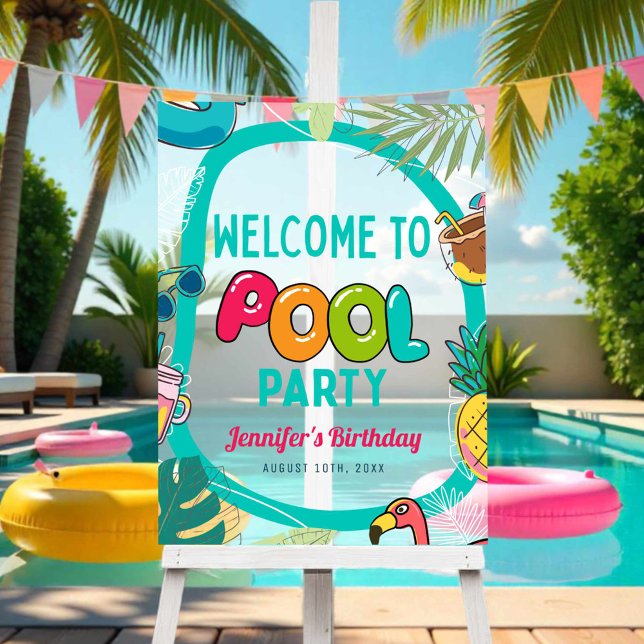Pool Party Swimming Birthday Frosted Welcome Acrylic Sign (Creator Uploaded)