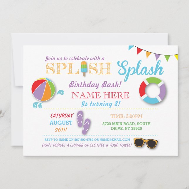 Pool Party Swimming Birthday Splish Splash Invite (Front)