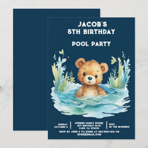 Pool Party Teddy Bear Boys Birthday Invitations