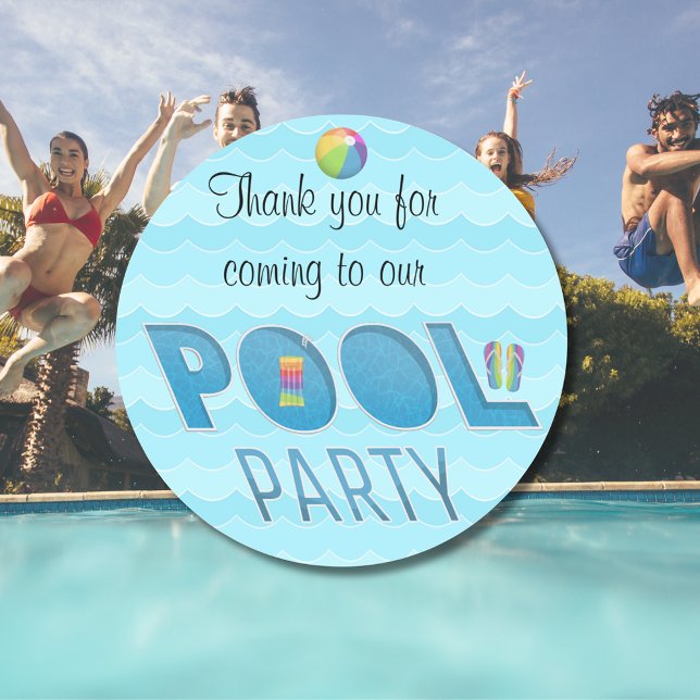 Pool Party Thank You Rainbow version Classic Round Sticker (Fun pool party thank you)