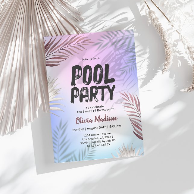 Pool Party Tropical Palm Sweet 16 Birthday Invitation (Creator Uploaded)