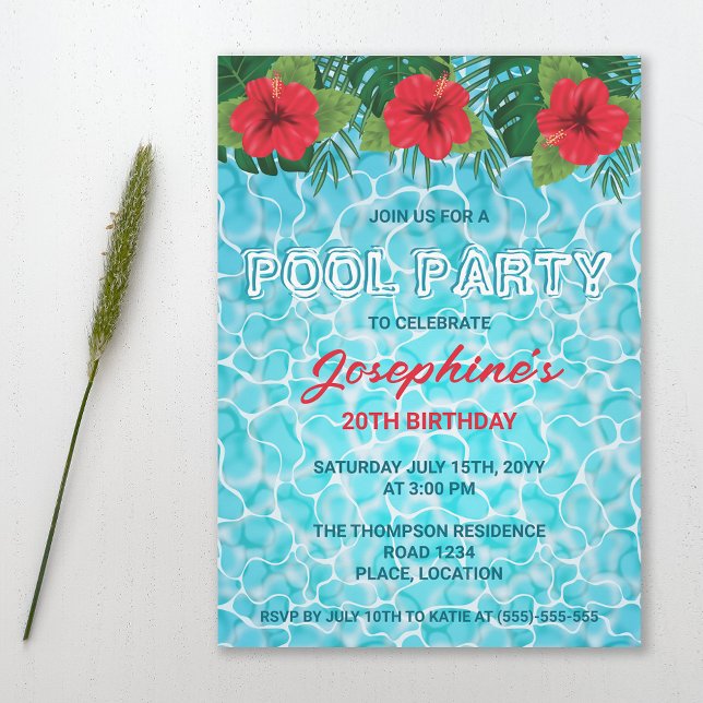 Pool Party Tropical Red Hibiscus Flowers Birthday Invitation (Creator Uploaded)