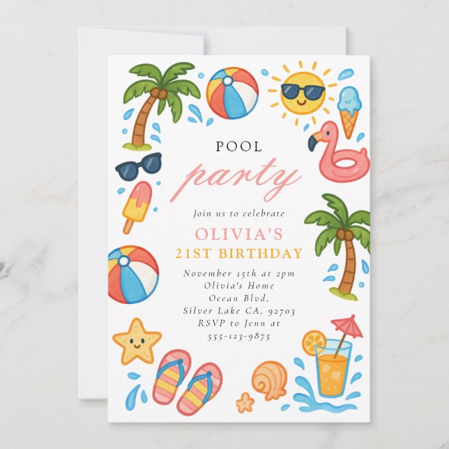 Pool Party Tropical Summer Birthday Party Invitation (Front)