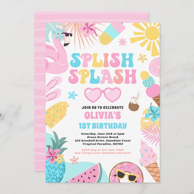 Pool Party Tropical Summer Pool Birthday Party Invitation (Front/Back)