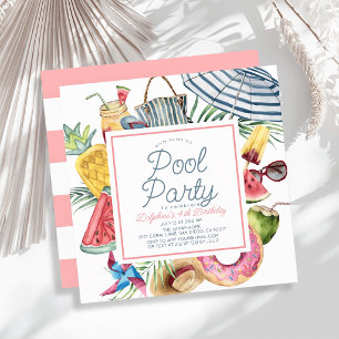  Pool Party Tropical Umbrella Pink Girl Birthday Invitation