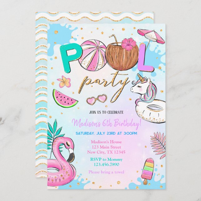 Pool Party Unicorn Invitation (Front/Back)