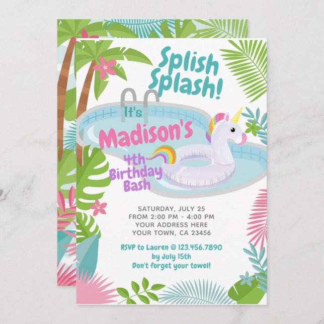 Pool Party Unicorn irthday Invitation (Front/Back)
