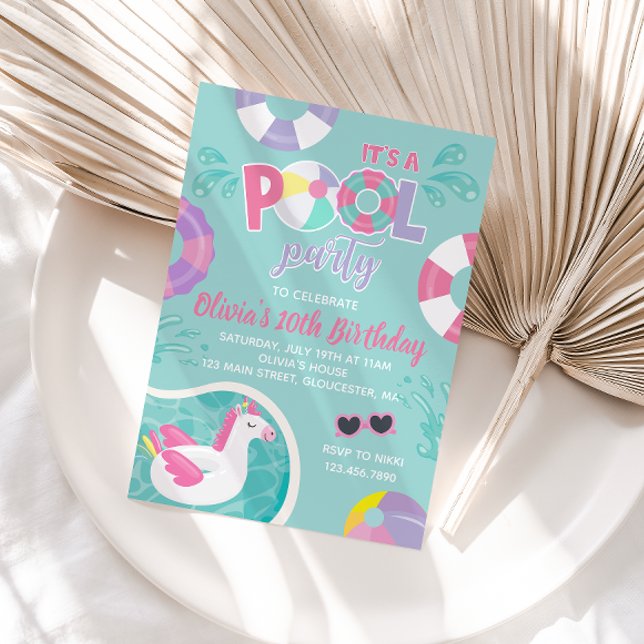 Pool Party Unicorn pool float pink Summer Birthday Invitation (Creator Uploaded)