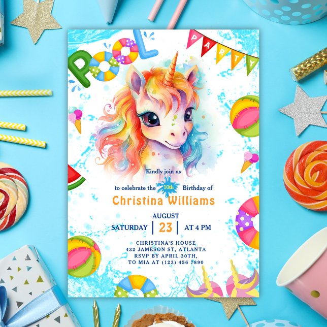 Pool Party Unicorn Summer Birthday Invitation (Pool Party Unicorn Summer Birthday Invitation)