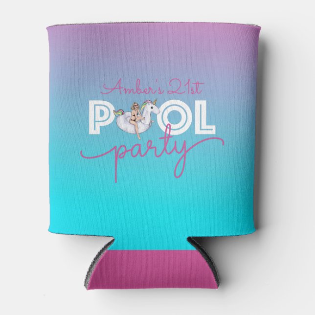 Pool Party Watercolor Ombre Unicorn Float 21st Can Cooler (Front)