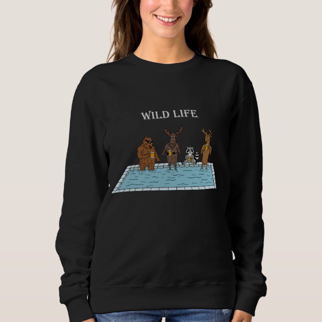 Pool Party Wildlife Bear Moose Deer Racoon Wild L Sweatshirt (Front)