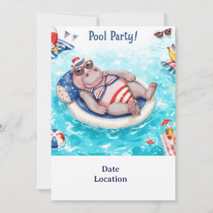  Pool Party with Hippo  Invitation