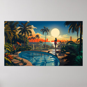 Pool patio at sunrise overlooking Miami Beach Poster