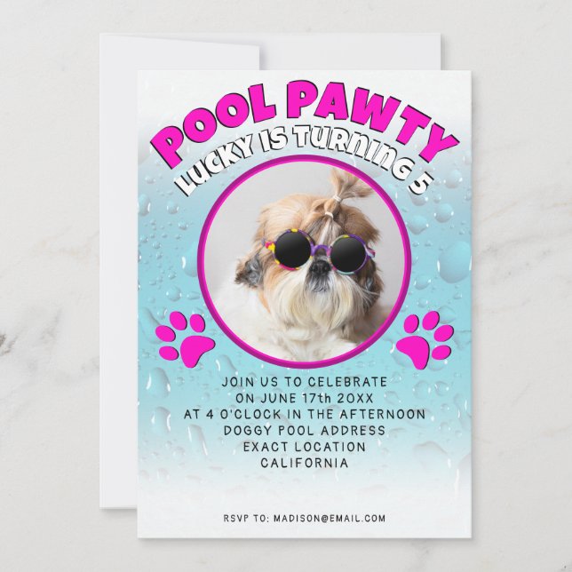 Pool pawty puppy dog custom photo birthday party invitation (Front)