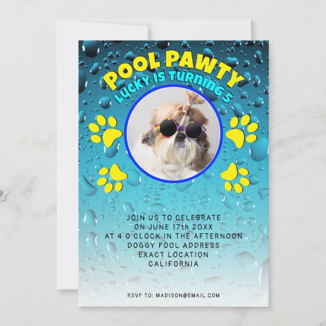 Pool pawty puppy dog custom photo birthday party invitation (Front)