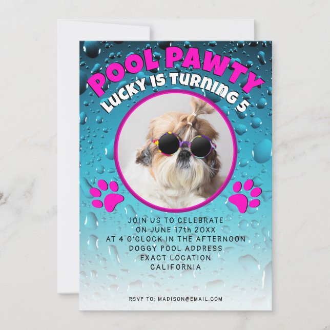 Pool pawty puppy dog custom photo birthday party invitation (Front)