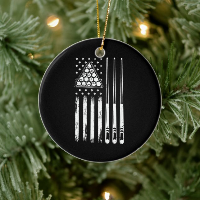Pool Player American Flag Ceramic Ornament (Tree)