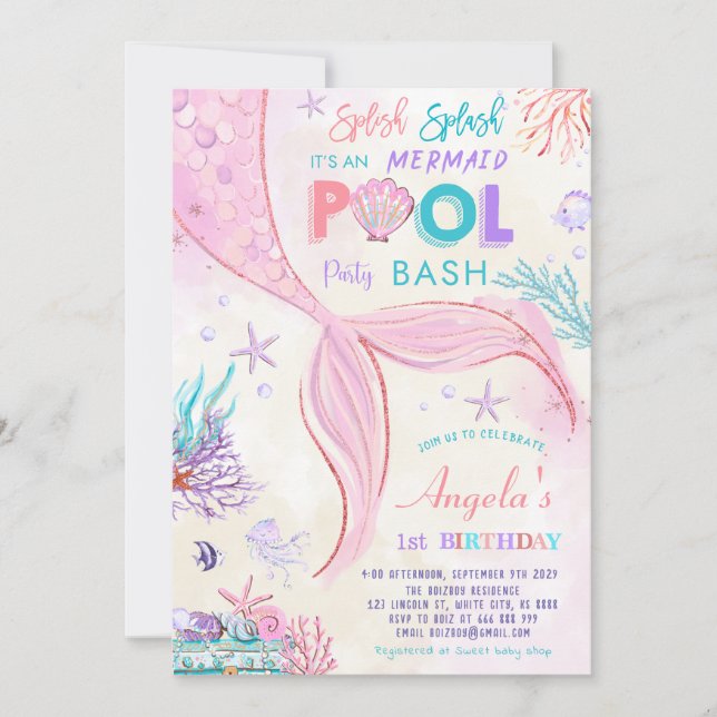 POOL Splish Splash It's An Mermaid Birthday Party Invitation (Front)