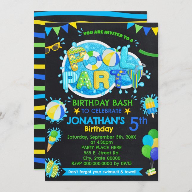 Pool Summer Birthday Bash Blue Green Yellow Party Invitation (Front/Back)