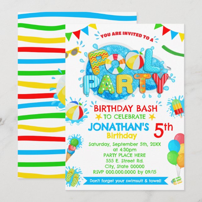 Pool Summer Birthday Party Primary Colour Invitation (Front/Back)