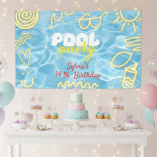 Pool summer neon vibes birthday party banner