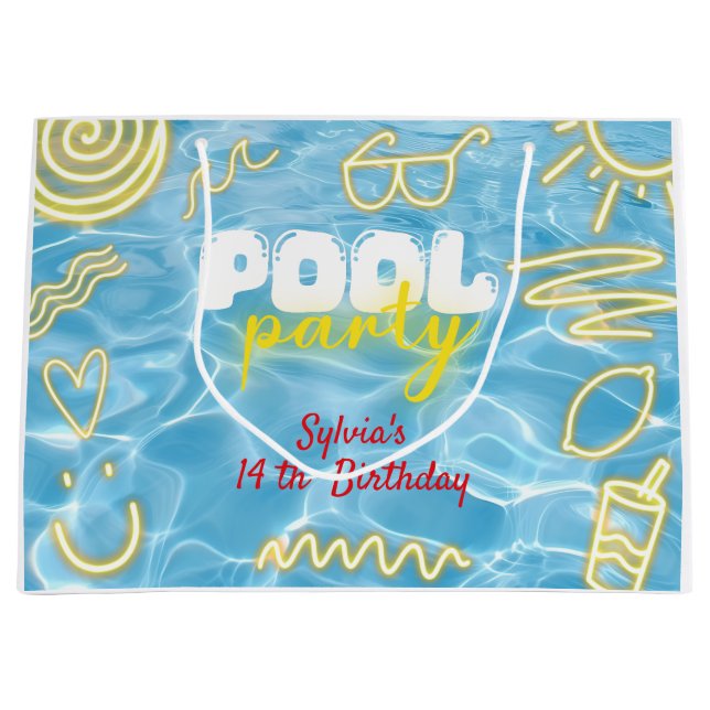 Pool summer neon vibes birthday party large gift bag (Front)